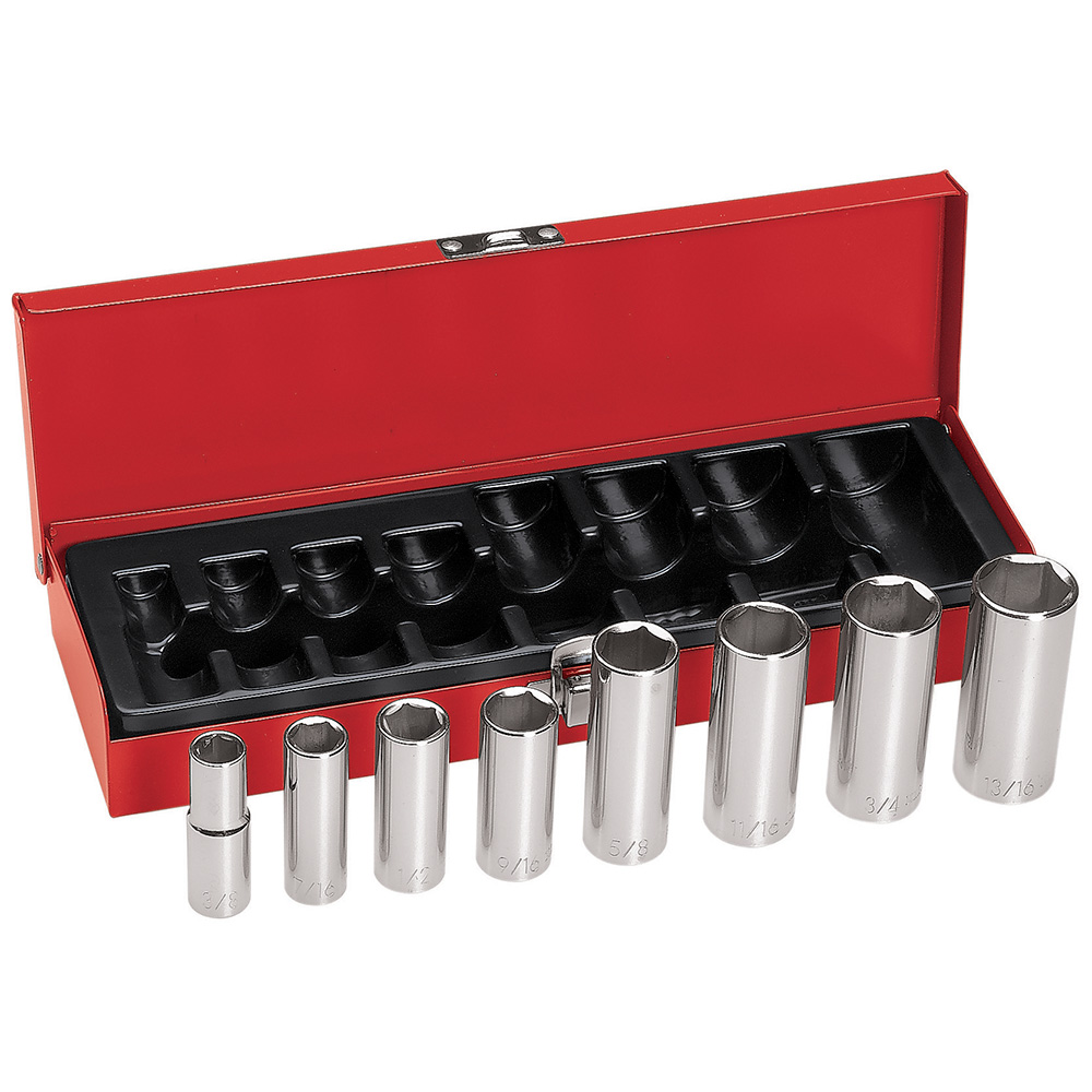 Klein® 65502 Deep Socket Wrench Set, 6 Points, 3/8 in Drive, 8 Pieces, Included Socket Size: 3/8 in, 7/16 in, 1/2 in, 9/16 in, 5/8 in, 11/16 in, 3/4 in, 13/16 in