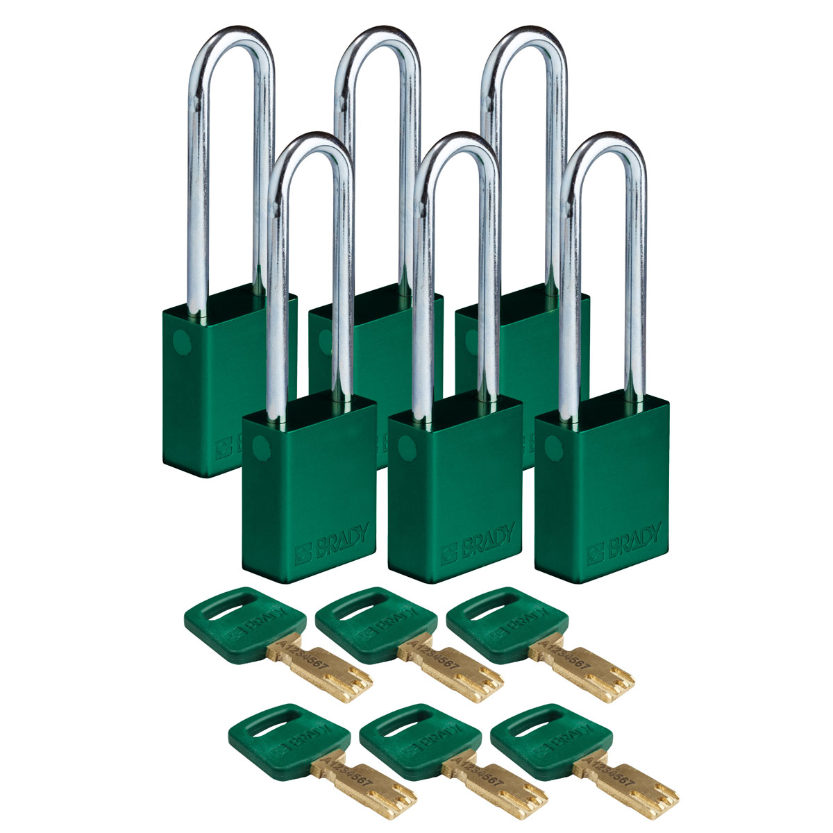 Brady® ALU-GRN-76ST-KA6PK SafeKey Standard Lockout Padlock, Alike Key, Green, LOTO-99 Anodized Aluminum Body, 1/4 in Dia x 3 in H x 0.8 in W Steel Shackle, 3/4 in L Body