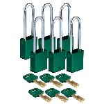 Brady® ALU-GRN-76ST-KA6PK SafeKey Standard Lockout Padlock, Alike Key, Green, LOTO-99 Anodized Aluminum Body, 1/4 in Dia x 3 in H x 0.8 in W Steel Shackle, 3/4 in L Body