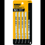 DeWALT® DW3795H High Performance Jig Saw Blade Set, 5 Pieces, 3 to 5 in L Blade, 6/10/18 TPI, Precision Ground Teeth, T-Shank, For Use With Jig Saws, Bi-Metal/High Carbon Steel