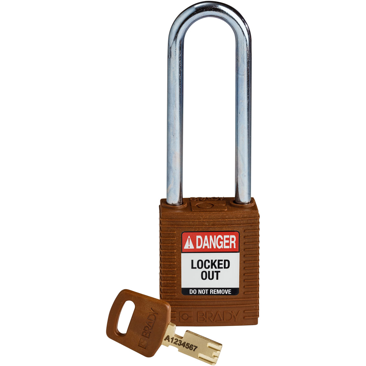 Brady® NYL-BRN-76ST-KD SafeKey Standard Lockout Padlock, Different Key, Brown, LOTO-101 Nylon Body, 1/4 in Dia x 3 in H x 0.8 in W Steel Shackle, 3/4 in L Body, Non-Conductive Conductivity