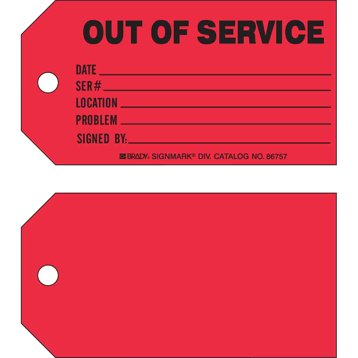 Brady® 86757 1-Sided Rectangular Write-On Equipment Status Tag, 3 in H x 5-3/4 in W, Black on Red, 3/8 in Hole, B-853 Cardstock