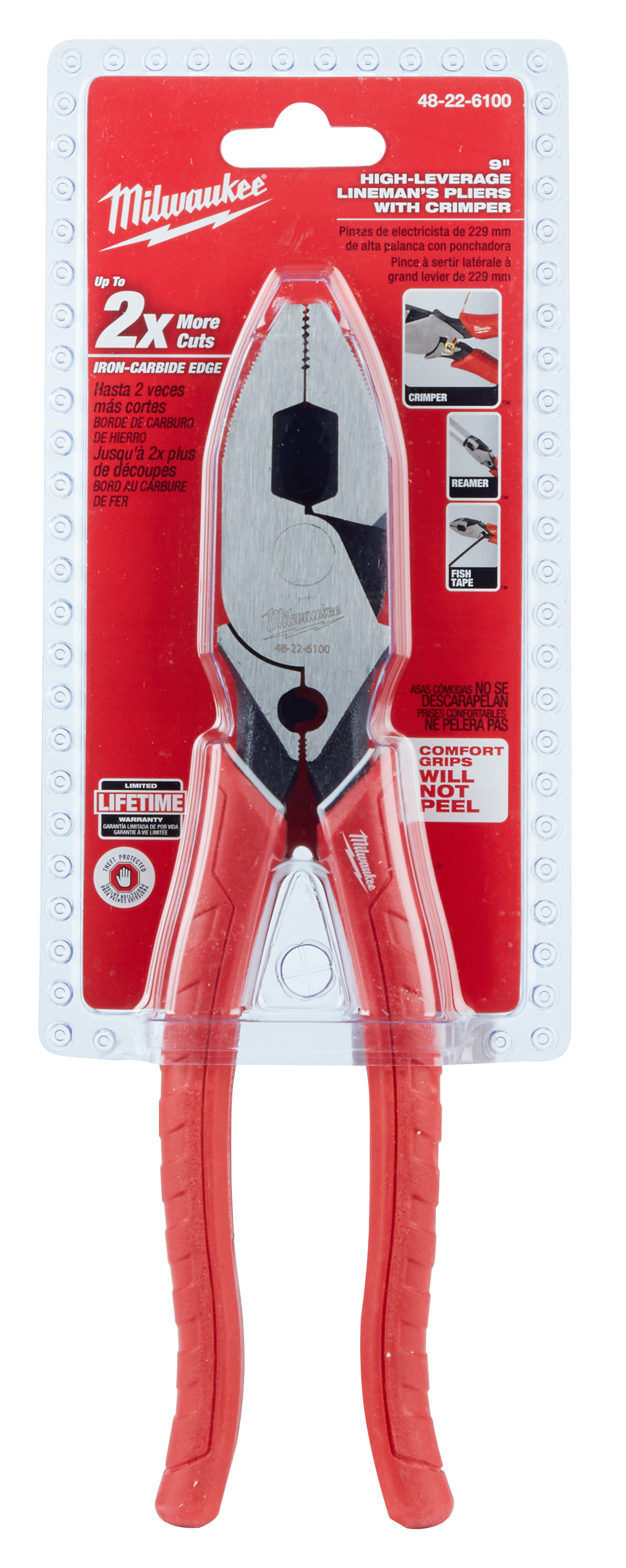 Milwaukee® 48-22-6100 High Leverage Lineman's Plier, 1-39/64 in L x 1-45/64 in W x 37/64 in THK Iron Carbide Jaw, 9 in OAL