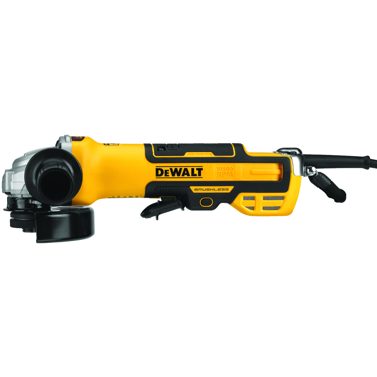 DeWALT® DWE43214N Brushless Corded Small Angle Grinder With Kickback Brake and No Lock-On, 5 in Dia Wheel, 5/8-11 Arbor/Shank, 120 VAC, Black/Yellow, No Lock Paddle/Trigger Switch