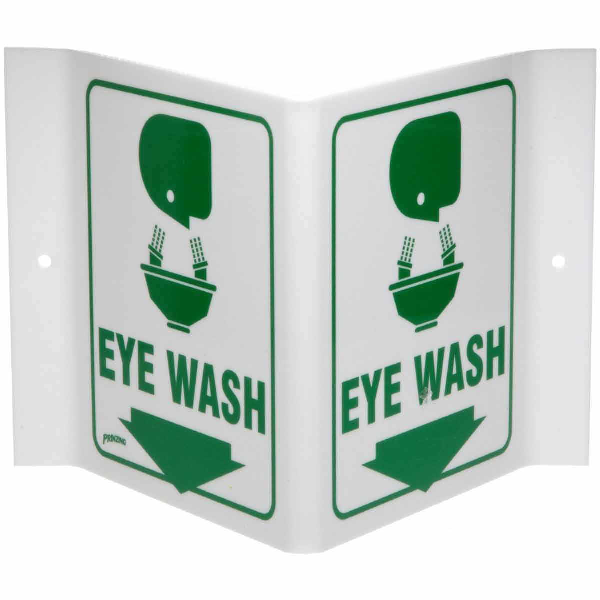 Brady® Prinzing® V1EW03A Rectangular Eye Wash Sign, 6 in H x 9 in W, Green on White, Acrylic, Corner Hole/V-Shaped Projecting Mount