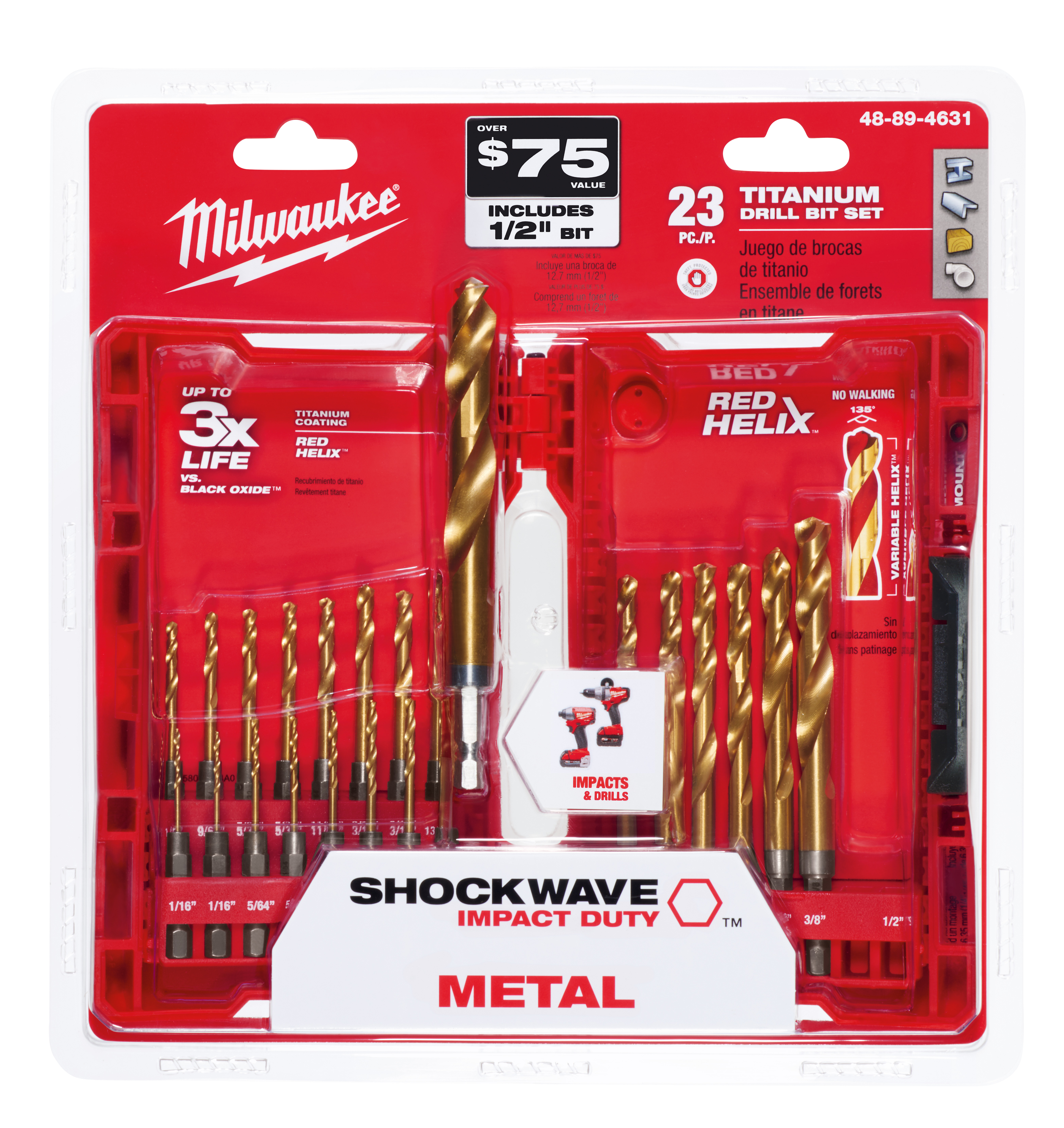 Milwaukee® SHOCKWAVE™ RED HELIX™ 48-89-4631 Impact Duty Drill Bit Kit, 23 Pieces, For Use With All Drill, HSS, Titanium Coated