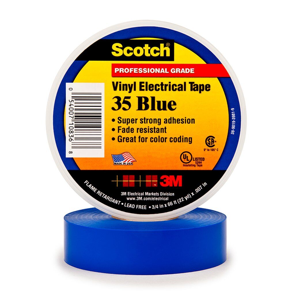 Scotch® 35-3/4X66FT-BL 1-Sided Premium Grade Electrical Tape, 66 ft L x 3/4 in W, 7 mil THK, PVC, Rubber Resin Adhesive, PVC Backing, Blue