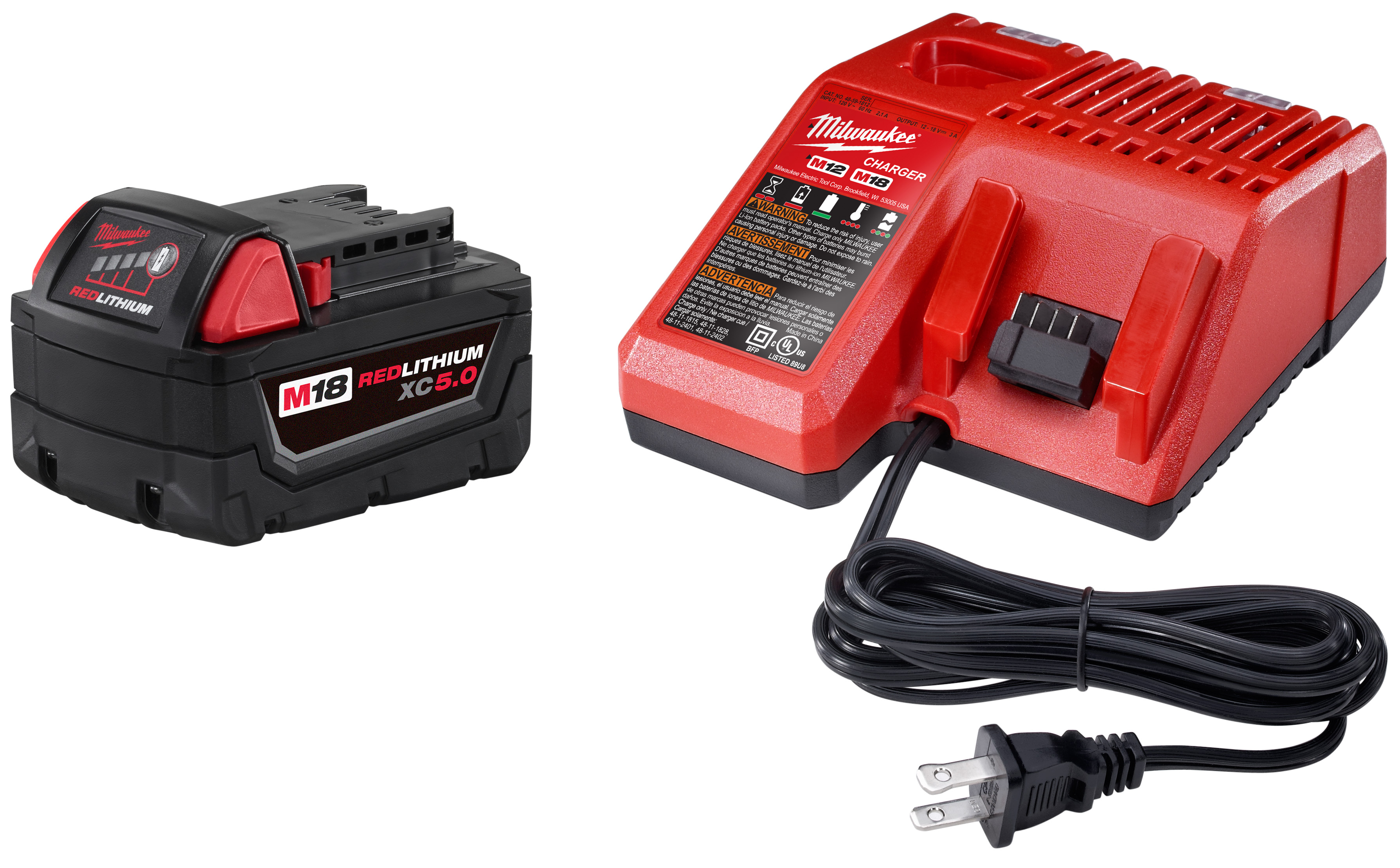 Milwaukee® M18™ 48-59-1850 Battery Starter Kit, 5 Ah, 18 VDC Charge, For Use With M18™ XC™ 5.0 Battery For Use with All Milwaukee® M18™ Tool, M18™ and M12™ Multi Voltage Charger For Use with All M18™ and M12™ Battery Pack