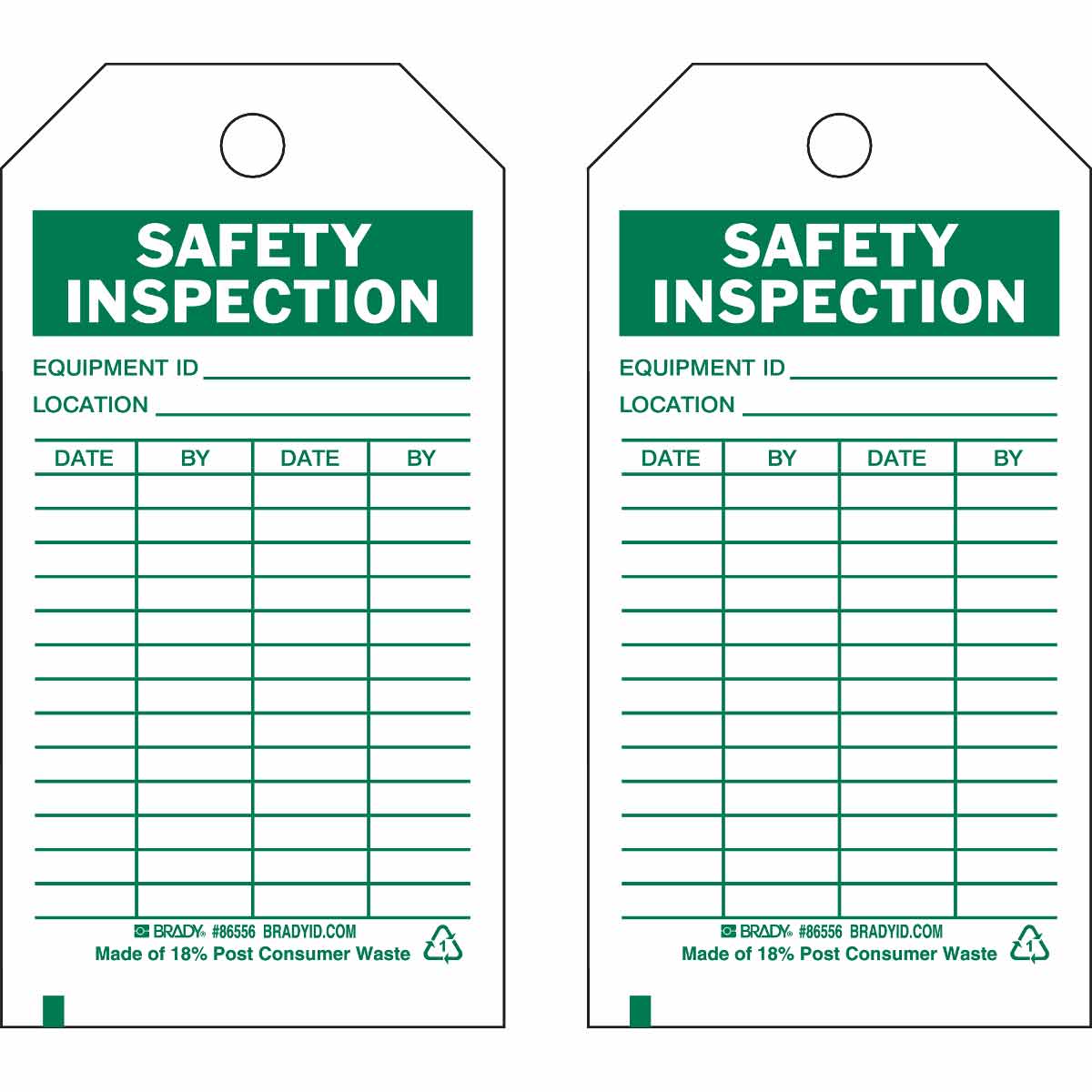Brady® 86556 Rectangular Self-Laminating Safety Inspection Tag, 5-3/4 in H x 3 in W, Green on White, 3/8 in Hole, B-851 Polyester