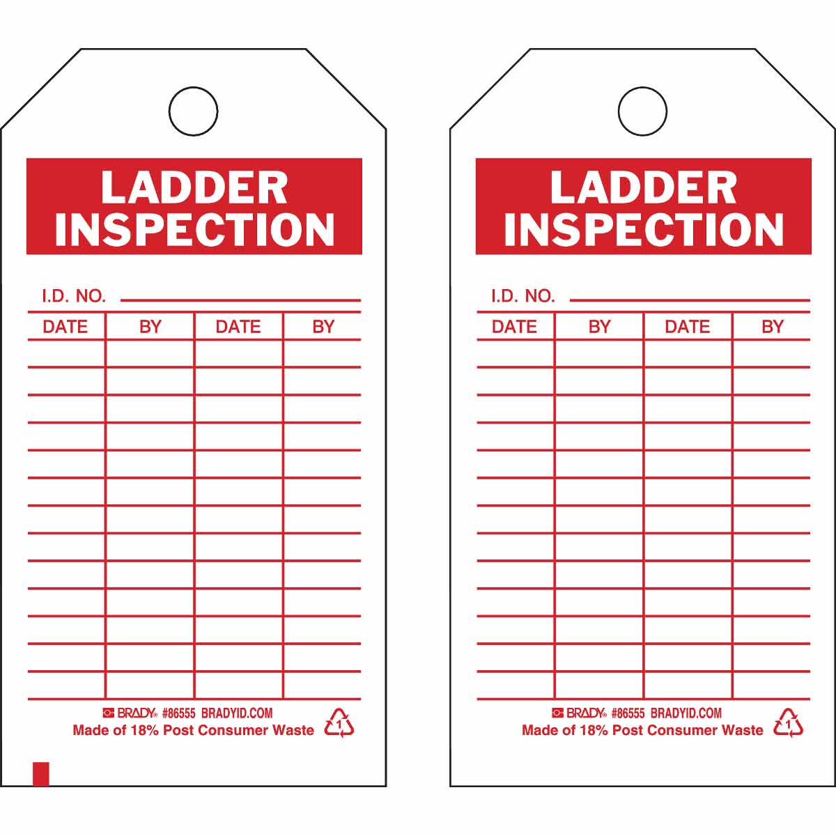 Brady® 86555 Rectangular Inspection and Material Control Tag, 5-3/4 in H 3 in W, Red on White, 3/8 in Hole, B-851 Polyester
