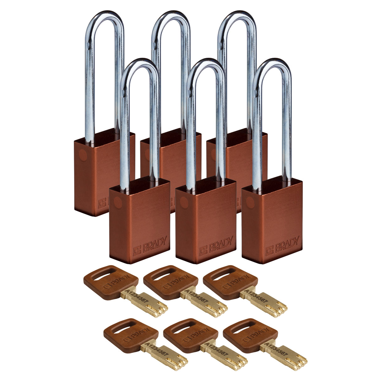 Brady® ALU-BRN-76ST-KA6PK SafeKey Standard Lockout Padlock, Alike Key, Brown, LOTO-99 Anodized Aluminum Body, 1/4 in Dia x 3 in H x 0.8 in W Steel Shackle, 3/4 in L Body