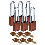 Brady® ALU-BRN-76ST-KA6PK SafeKey Standard Lockout Padlock, Alike Key, Brown, LOTO-99 Anodized Aluminum Body, 1/4 in Dia x 3 in H x 0.8 in W Steel Shackle, 3/4 in L Body