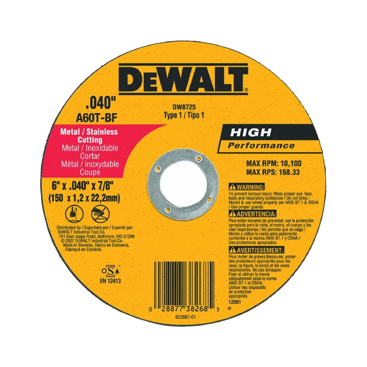 DeWALT® HP™ DW8725 HP Series Cut-Off Wheel, 6 in Dia x 0.04 in THK, 7/8 in Center Hole, A60T Grit, Aluminum Oxide Abrasive