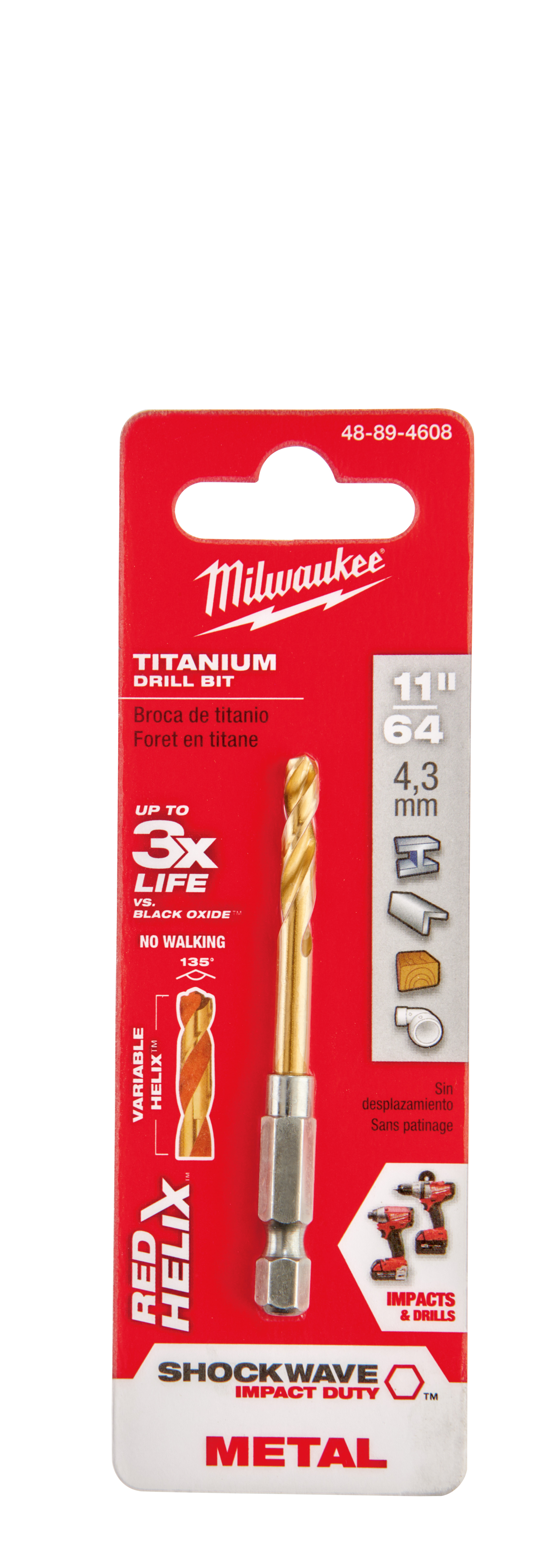 Milwaukee® SHOCKWAVE™ 48-89-4608 Hex Shank Impact Drill Bit, 11/64 in Drill - Fraction, 0.1719 in Drill - Decimal Inch, 1-3/32 in D Cutting