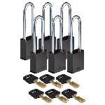 Brady® ALU-BLK-76ST-KA6PK SafeKey Standard Lockout Padlock, Alike Key, Black, LOTO-99 Anodized Aluminum Body, 1/4 in Dia x 3 in H x 0.8 in W Steel Shackle, 3/4 in L Body