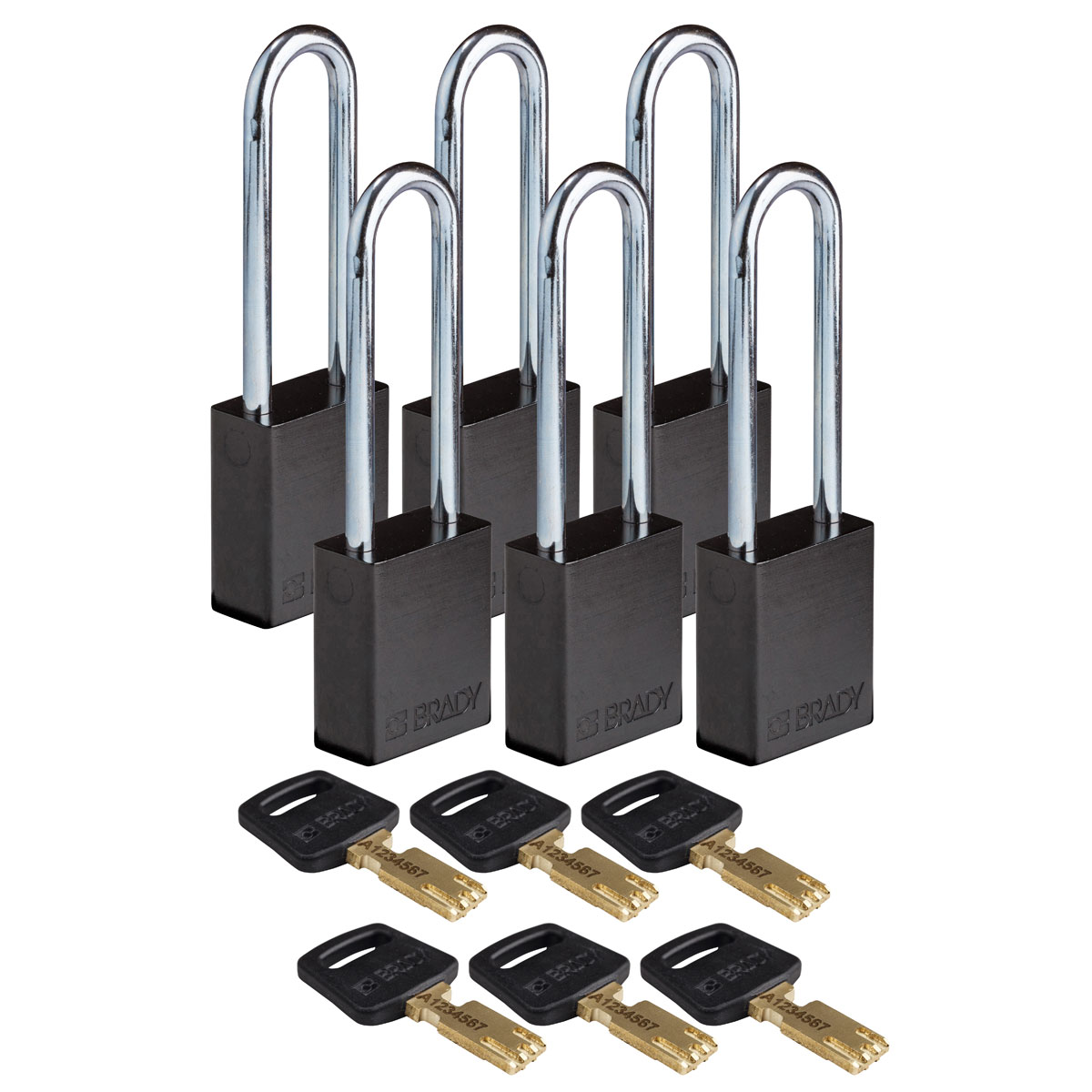 Brady® ALU-BLK-76ST-KA6PK SafeKey Standard Lockout Padlock, Alike Key, Black, LOTO-99 Anodized Aluminum Body, 1/4 in Dia x 3 in H x 0.8 in W Steel Shackle, 3/4 in L Body
