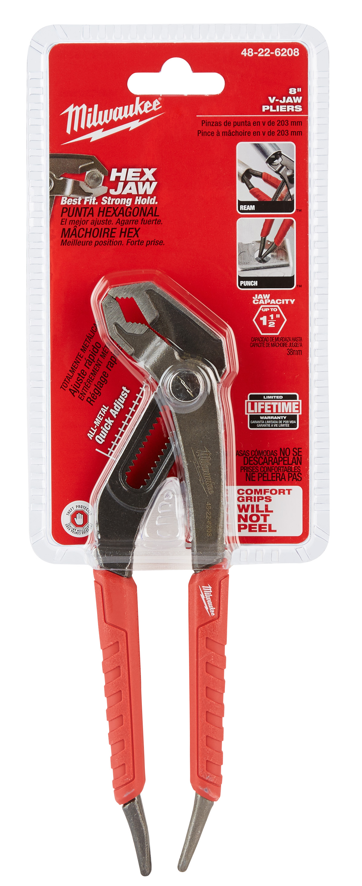 Milwaukee® 48-22-6208 Gen II 16-Position Quick-Adjust Hex Jaw Plier, 1-3/4 in Nominal, 1-1/4 in L x 1/4 in W Alloy Steel V-Shape Jaw, 8 in OAL