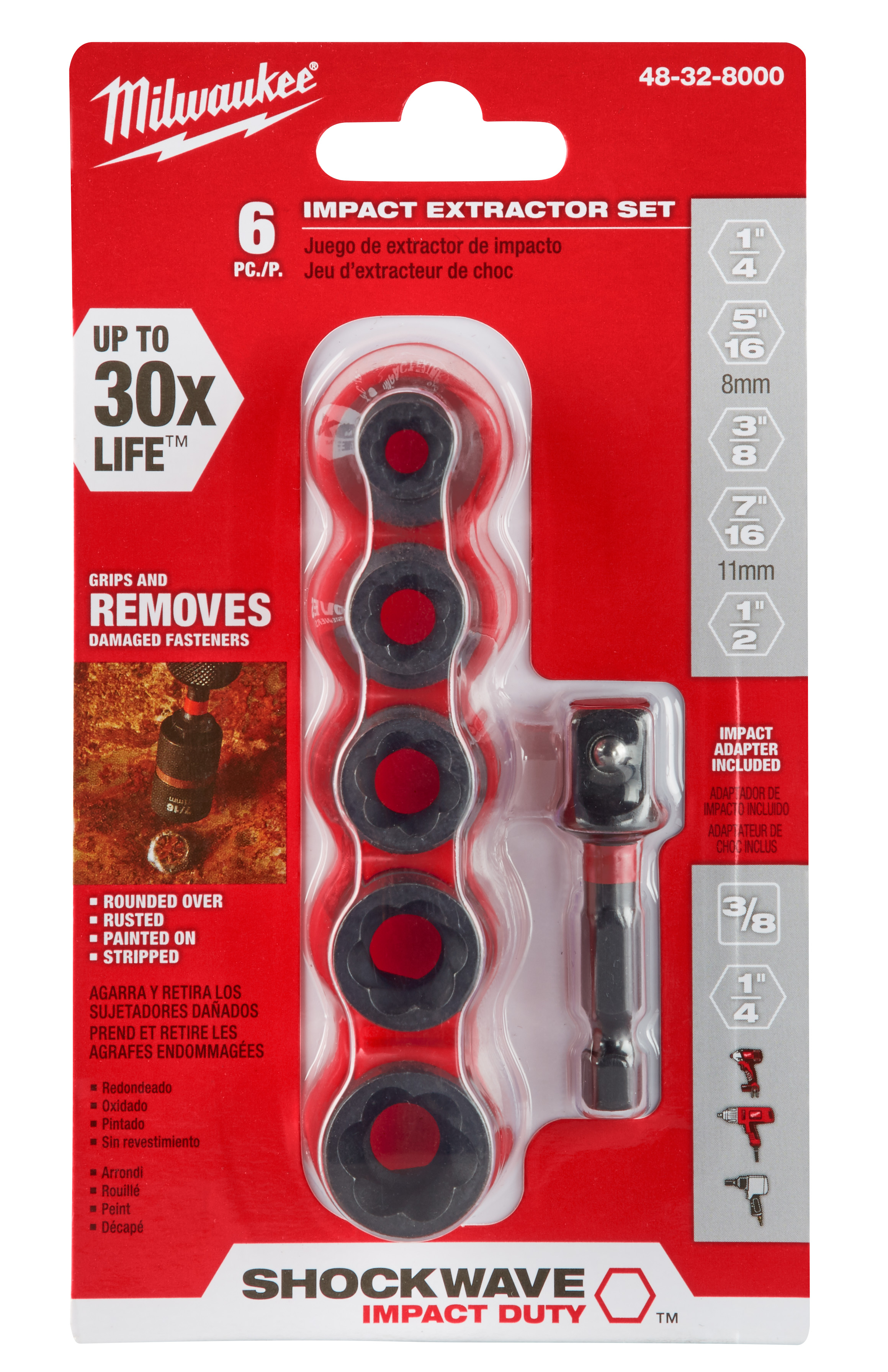 Milwaukee® SHOCKWAVE™ 48-32-8000 Impact Extractor Set, For Use With Quick-Change Impact Driver and 1/4 to 1/2 in Common Sized Fastener, 1/4 in, 5/16 in, 3/8 in, 7/16 in, 1/2 in Bit/Drill Size, 1/4 in Shank Dia, Hexagonal Shank