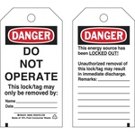 Brady® 65502 Rectangular Lockout Tag, 5-3/4 in H x 3 in W, Black/Red on White, 3/8 in Hole, B-837 Polyester