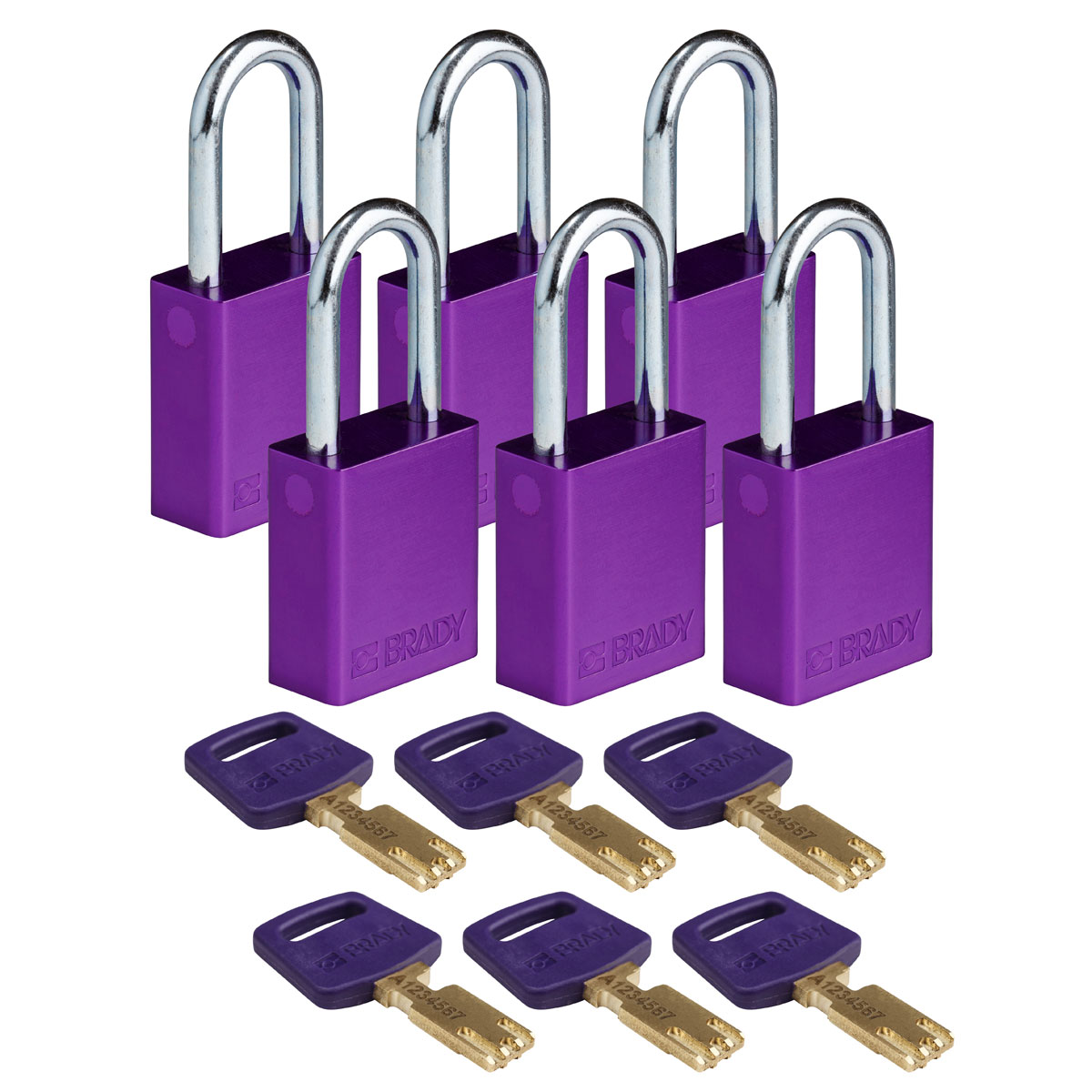 Brady® ALU-PRP-38ST-KA6PK SafeKey Standard Lockout Padlock, Alike Key, Purple, LOTO-99 Anodized Aluminum Body, 1/4 in Dia x 1-1/2 in H x 0.8 in W Steel Shackle, 3/4 in L Body