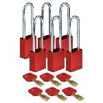 Brady® ALU-RED-76ST-KA6PK SafeKey Standard Lockout Padlock, Alike Key, Red, LOTO-99 Anodized Aluminum Body, 1/4 in Dia x 3 in H x 0.8 in W Steel Shackle, 3/4 in L Body