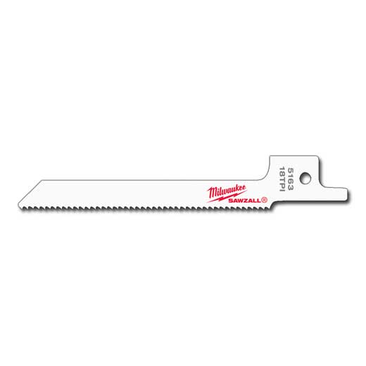Milwaukee® SAWZALL® 48-00-5163 Straight Back Reciprocating Saw Blade, 3-5/8 in L x 5/16 in W, 18 TPI, Bi-Metal Body, Universal/Toothed Edge Tang