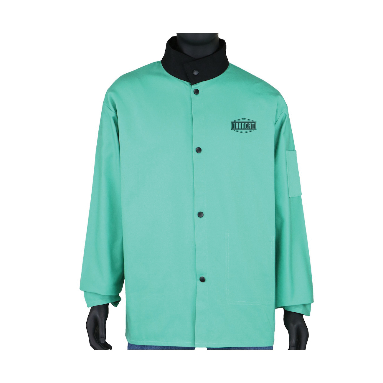 Ironcat® 7050/L IRONTEX® 7050 Flame Resistant Jacket, Green, Cotton Sateen, 24-3/4 in Chest, Resists: Flame, Spark and Spatter, ASTM D6413