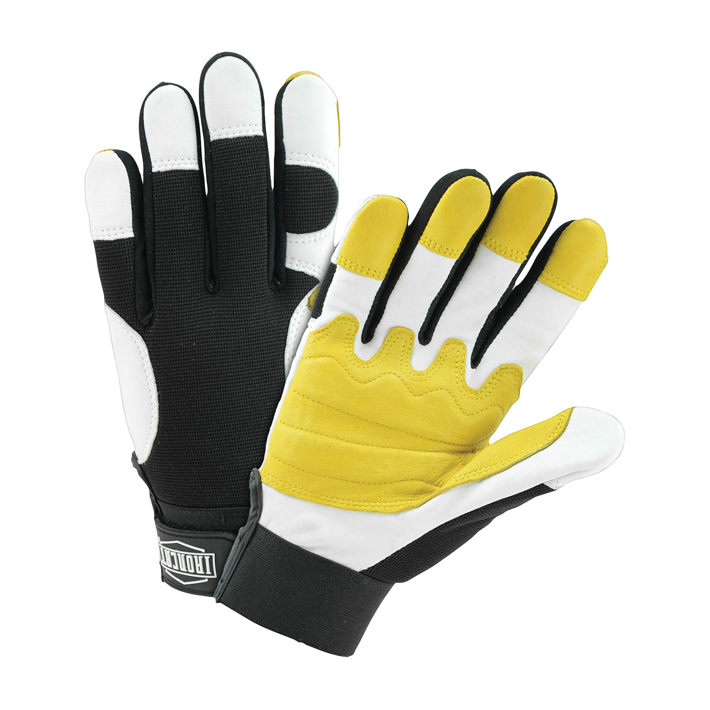 Ironcat® 86555/L Heavy Duty General Purpose Gloves, Leather Palm/Work, Full Finger/Wing Thumb Style, L, Grain Goatskin Leather Palm, Grain Goatskin Leather/Spandex®, Black/Gold/Pearl