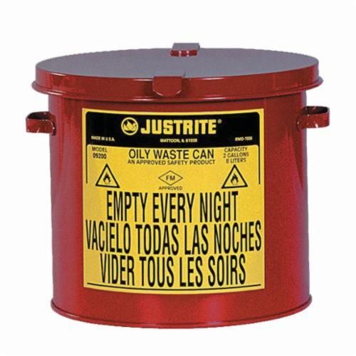 Justrite® 09200 Countertop Oily Waste Can, 2 gal Capacity, 9-5/8 in Dia x 9-1/8 in H, Galvanized Steel, Red