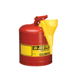 Justrite® 7150110 Type I Safety Can With Swinging Handle, Stainless Steel Flame Arrester and 11202Y 1/2 in OD x 11-1/4 in H Polypropylene Funnel, 5 gal Capacity, 11-3/4 in Dia x 16-7/8 in H, Steel, Red