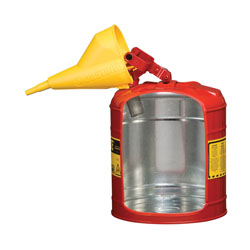 Justrite® 7150110 Type I Safety Can With Swinging Handle, Stainless Steel Flame Arrester and 11202Y 1/2 in OD x 11-1/4 in H Polypropylene Funnel, 5 gal Capacity, 11-3/4 in Dia x 16-7/8 in H, Steel, Red