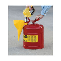 Justrite® 7150110 Type I Safety Can With Swinging Handle, Stainless Steel Flame Arrester and 11202Y 1/2 in OD x 11-1/4 in H Polypropylene Funnel, 5 gal Capacity, 11-3/4 in Dia x 16-7/8 in H, Steel, Red