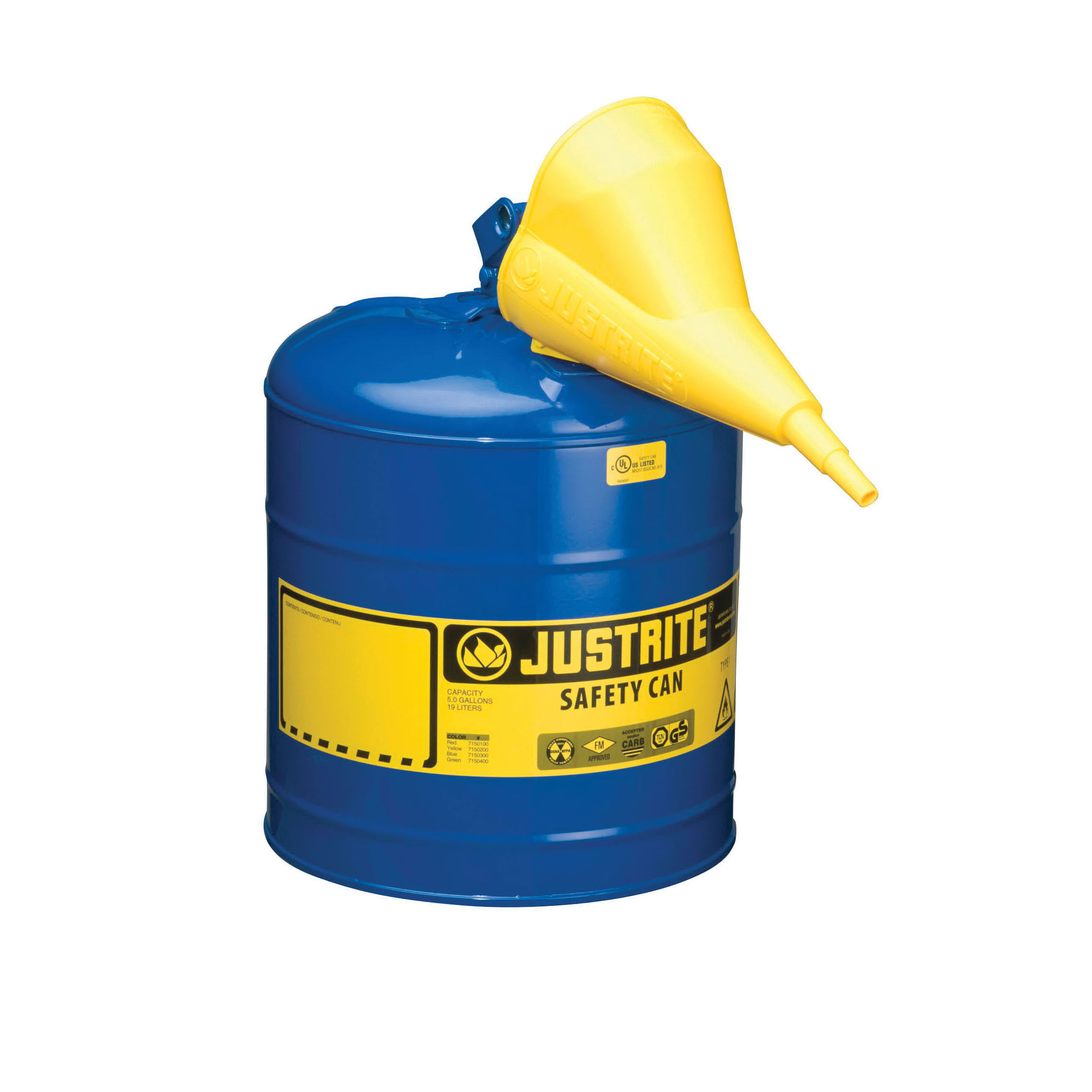 Justrite® 7150310 Type I Safety Can With Swinging Handle, Stainless Steel Flame Arrester and 11202Y 1/2 in OD x 11-1/4 in H Polypropylene Funnel, 5 gal Capacity, 11-3/4 in Dia x 16-7/8 in H, Steel, Blue