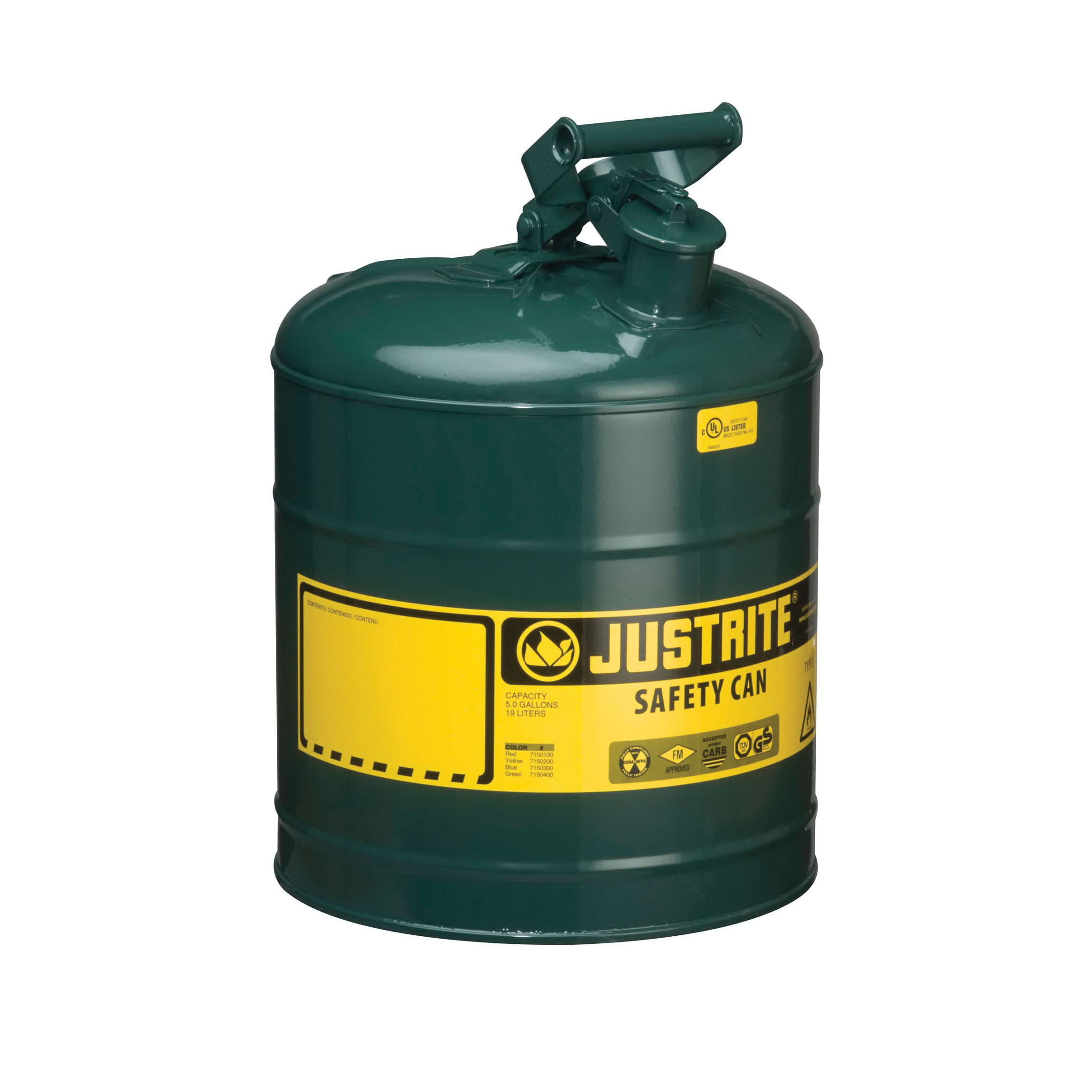 Justrite® 7150400 Type I Safety Can With Swinging Handle and Stainless Steel Flame Arrester, 5 gal Capacity, 11-3/4 in Dia x 16-7/8 in H, Steel, Green