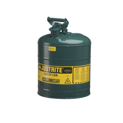 Justrite® 7150400 Type I Safety Can With Swinging Handle and Stainless Steel Flame Arrester, 5 gal Capacity, 11-3/4 in Dia x 16-7/8 in H, Steel, Green