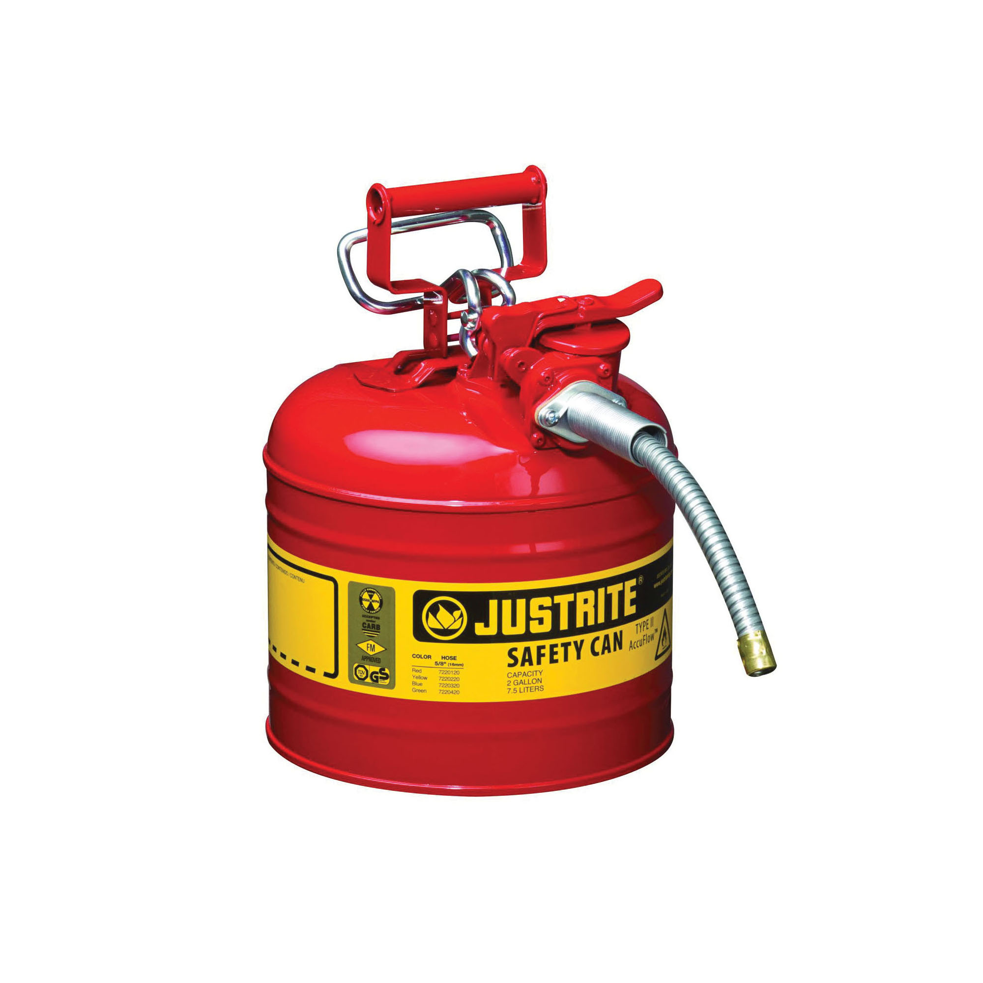 Justrite® Accuflow™ 7220120 Type II Safety Can With 5/8 in OD x 9 in L Metal Hose and Stainless Steel Flame Arrester, 2 gal Capacity, 9-1/2 in Dia x 13-1/2 in H, Steel, Red
