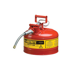 Justrite® Accuflow™ 7225120 Type II Safety Can With 5/8 in OD x 9 in L Metal Hose and Stainless Steel Flame Arrester, 2.5 gal Capacity, 11-3/4 in Dia x 12 in H, Steel, Red