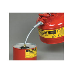 Justrite® Accuflow™ 7225120 Type II Safety Can With 5/8 in OD x 9 in L Metal Hose and Stainless Steel Flame Arrester, 2.5 gal Capacity, 11-3/4 in Dia x 12 in H, Steel, Red