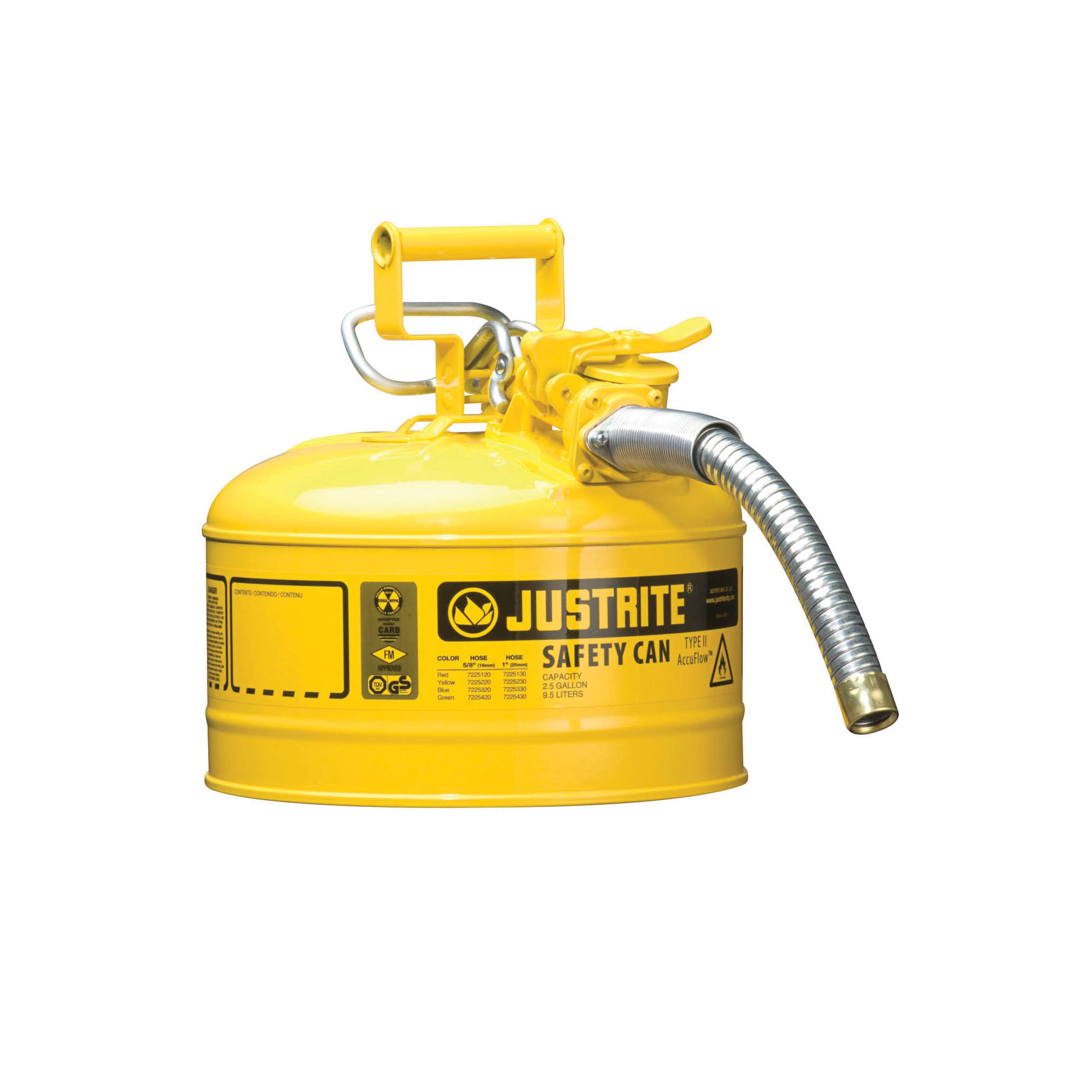 Justrite® Accuflow™ 7225230 Type II Safety Can With 1 in OD x 9 in L Metal Hose and Stainless Steel Flame Arrester, 2.5 gal Capacity, 11-3/4 in Dia x 12 in H, Steel, Yellow