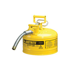 Justrite® Accuflow™ 7225230 Type II Safety Can With 1 in OD x 9 in L Metal Hose and Stainless Steel Flame Arrester, 2.5 gal Capacity, 11-3/4 in Dia x 12 in H, Steel, Yellow