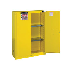 Justrite® 894520 Sure-Grip® EX Classic Flammable Safety Cabinet, 45 gal Capacity, U-Loc™ Handle, 65 in H x 43 in W x 18 in D, Self-Close Door, 2 Doors, 2 Shelves, Cold Rolled Steel, Yellow