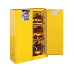 Justrite® 894520 Sure-Grip® EX Classic Flammable Safety Cabinet, 45 gal Capacity, U-Loc™ Handle, 65 in H x 43 in W x 18 in D, Self-Close Door, 2 Doors, 2 Shelves, Cold Rolled Steel, Yellow