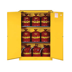 Justrite® 894520 Sure-Grip® EX Classic Flammable Safety Cabinet, 45 gal Capacity, U-Loc™ Handle, 65 in H x 43 in W x 18 in D, Self-Close Door, 2 Doors, 2 Shelves, Cold Rolled Steel, Yellow