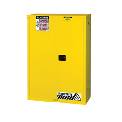 Justrite® 894520 Sure-Grip® EX Classic Flammable Safety Cabinet, 45 gal Capacity, U-Loc™ Handle, 65 in H x 43 in W x 18 in D, Self-Close Door, 2 Doors, 2 Shelves, Cold Rolled Steel, Yellow