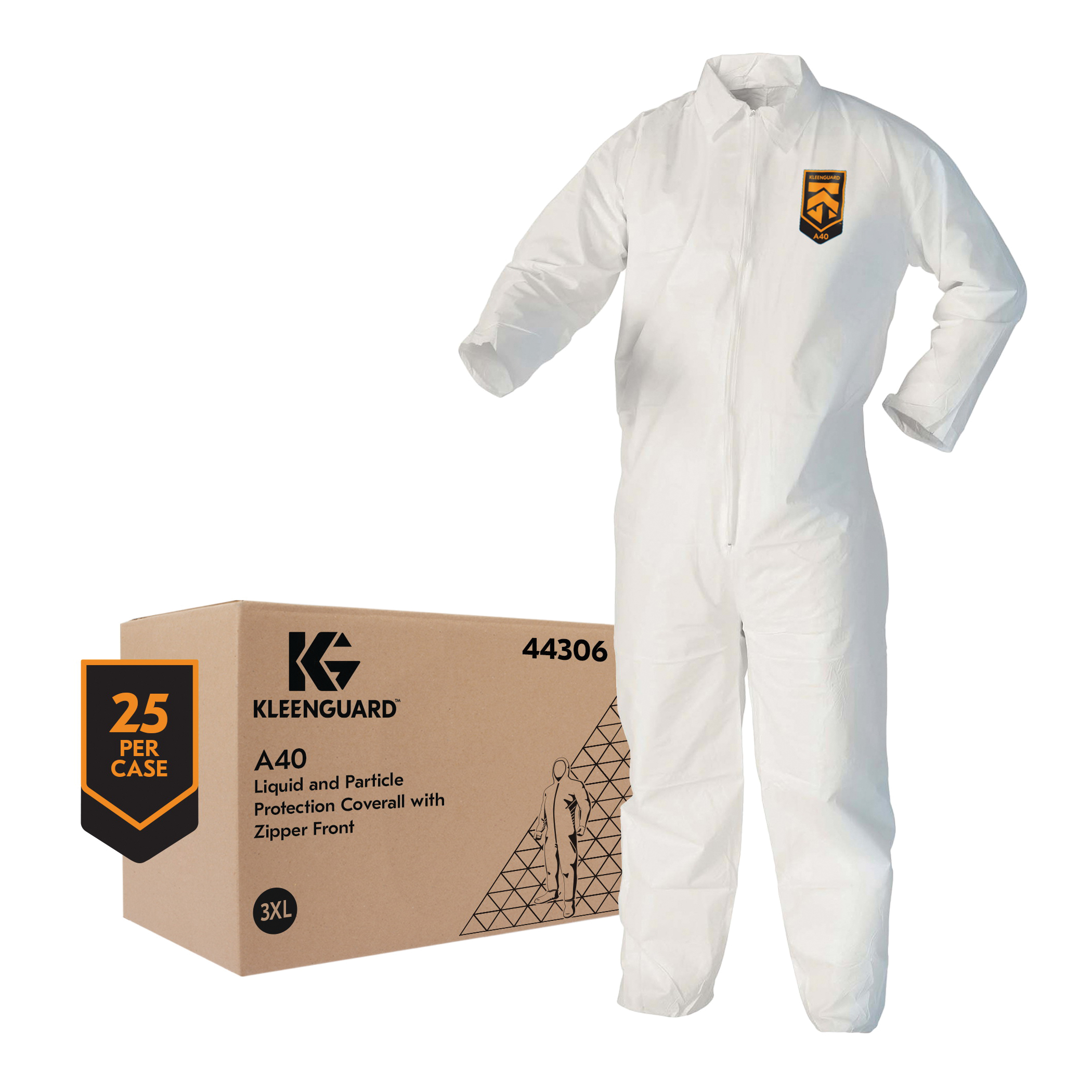 KleenGuard™ 44306 A40 Liquid Particle Protection Disposable Coverall, Unisex, 3XL, White, Microporous Film Laminate, 29-1/2 in Chest, 40-1/2 in L Inseam