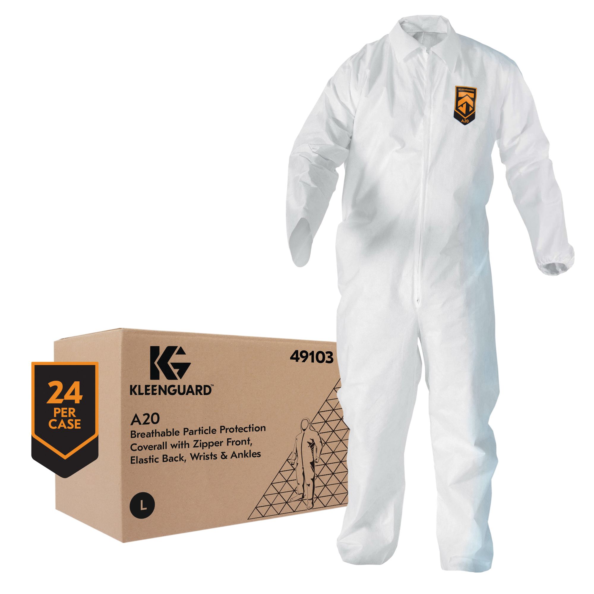 KleenGuard™ 49103 A20 Breathable Lightweight Disposable Coverall, L, White, SMS Fabric, 28-1/4 in Chest, 40 in L Inseam