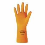 Ansell 87-208 Heavy Duty Chemical-Resistant Gloves, Natural Rubber Latex, Citrus Orange, Flock Lining, Resists: Acid, Alkalis, Ketone and Salt, Unsupported Support, Pinked Cuff, 29 mil THK