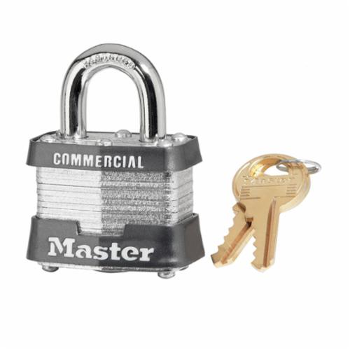 Master Lock® 3KA-3210 Commercial Grade Non-Rekeyable Safety Padlock, Alike Key, 9/32 in Shackle, Laminated Steel Body, 4-Pin Tumbler Locking
