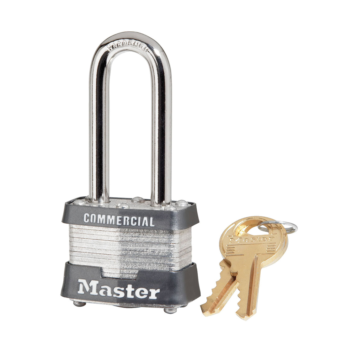 Master Lock® 3LH Non-Rekeyable Safety Padlock, Different Key, Laminated Steel Body, 9/32 in Dia Shackle, Silver, 4-Pin Tumbler Cylindrical/Dual Locking Lever Locking Mechanism