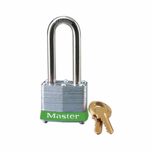 Master Lock® 3LHGRN Safety Padlock, Different Key, Green Bumper, Reinforced Laminated Steel Body, 9/32 in Dia x 2 in H x 5/8 in W Hardened Steel Shackle, Conductive Conductivity